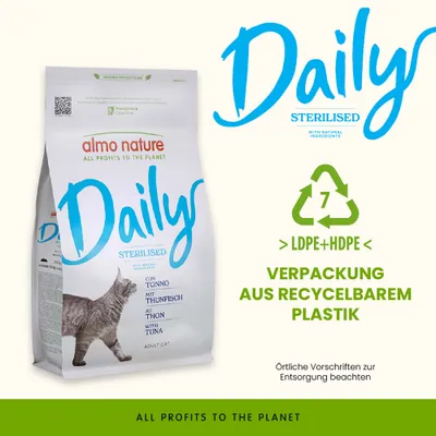 almo nature Daily Sterilised mit Thunfisch, Verpackung aus recycelbarem Plastik LDPE+HDPE, örtliche Vorschriften zur Entsorgung beachten, All profits to the planet. almo nature Daily Sterilised mit Thunfisch, Verpackung aus recycelbarem Plastik LDPE+HDPE, örtliche Vorschriften zur Entsorgung beachten, All profits to the planet.