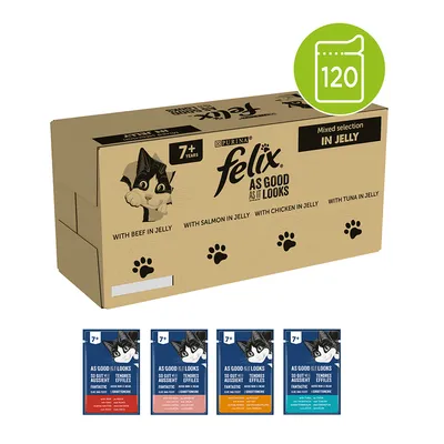 Balenie Felix As Good As It Looks 7+ Mixed selection in jelly, 120 kapsičiek: hovädzie, losos, kuracie, tuniak v želé. Značka Purina. Viditeľné štyri druhy kapsičiek na obrázku.