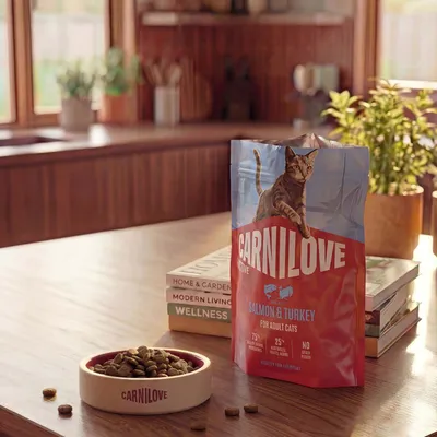 Carnilove Salmon & Turkey für erwachsene Katzen, 75% Fleischanteil, 25% pflanzliche Zutaten, ohne Getreide und Kartoffeln. Futternapf mit Trockenfutter daneben.