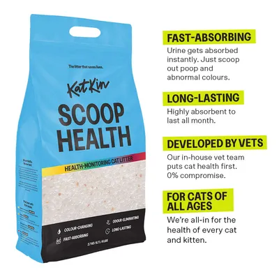 Health-monitoring cat litter with fast-absorbing, long-lasting formula, developed by vets for cats of all ages. Features include colour-changing and odour-eliminating properties.