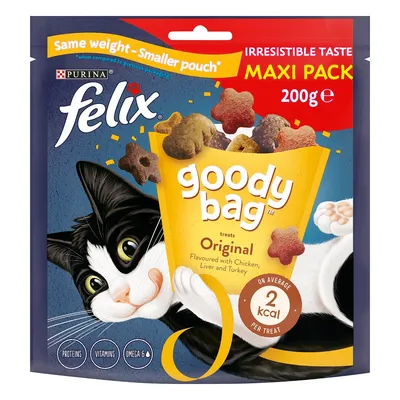 Felix goody bag treats, original flavour with chicken, liver and turkey, maxi pack 200g, average 2 kcal per treat, contains proteins, vitamins and omega 6.