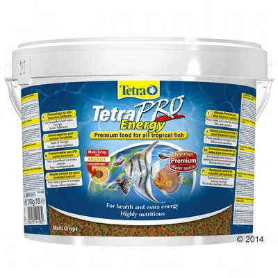 Recipient TetraPRO Energy, hrană premium pentru toți peștii tropicali, Multi Crisp cu Energy concentrate, 2100 g/10 l. Text vizibil: Nutrition Premium, Water quality, For health and extra energy.