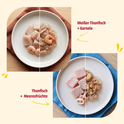 Zwei Teller mit Produktabbildungen: oben 'Weißer Thunfisch + Garnele', unten 'Thunfisch + Meeresfrüchte'. Zutaten und Zubereitung im Vergleich sichtbar. Zwei Teller mit Produktabbildungen: oben 'Weißer Thunfisch + Garnele', unten 'Thunfisch + Meeresfrüchte'. Zutaten und Zubereitung im Vergleich sichtbar.