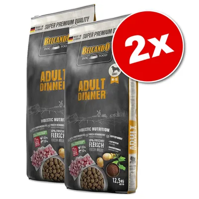 Lot de 2 sacs Belcando Dog Food Adult Dinner, 12,5 kg chacun. Texte visible : 30 % frisches Fleisch, Holistic Nutrition, super premium quality, pour chiens adultes M–XL.