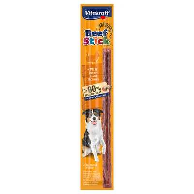 Vitakraft Beef Stick Original met kalkoen, meer dan 90% vlees, extra vitamines, zonder toegevoegde suiker, geen kunstmatige kleur- of conserveermiddelen.