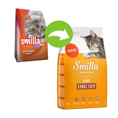 Image showing packaging change from Smilla Adult XXL-Krokette to Smilla Adult Large Cats Poultry, indicating updated product design and labelling.