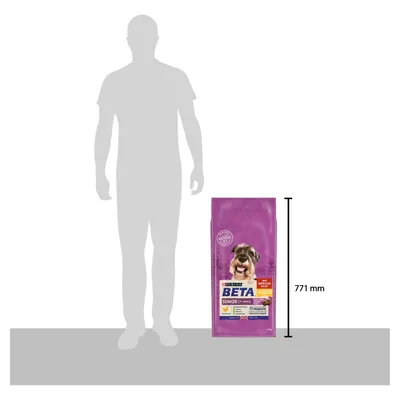 Bag of pet food shown next to a human silhouette for scale, with the bag height marked as 771 mm.