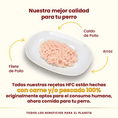 Plato con filete de pollo desmenuzado, arroz y caldo de pollo. Texto: 'Nuestra mejor calidad para tu perro'. Recetas HFC hechas con carne y/o pescado 100% aptos para consumo humano.