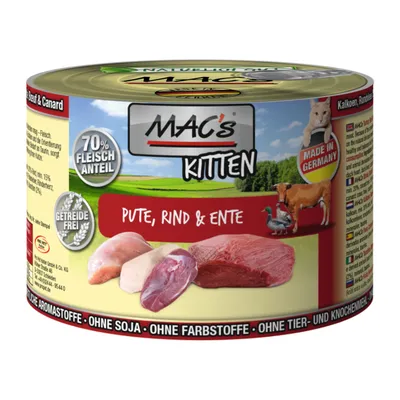 MAC's Kitten natvoer, kalkoen, rund & eend. 70% vlees, graanvrij, zonder soja, kleurstoffen of dier- en beendermeel. Made in Germany. Tekst op blik: Pute, Rind & Ente.