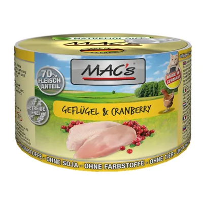 MAC's Geflügel & Cranberry, 70% Fleischanteil, Getreidefrei, senza aromi, soia o coloranti, Made in Germany. Testo principale in tedesco.