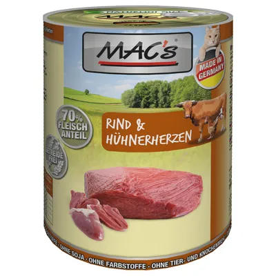 MAC's Rind & Hühnerherzen, 70% Fleischanteil, getreidevrij, Made in Germany. Blik met rundvlees en kippenharten afgebeeld, geschikt voor kattenvoer.