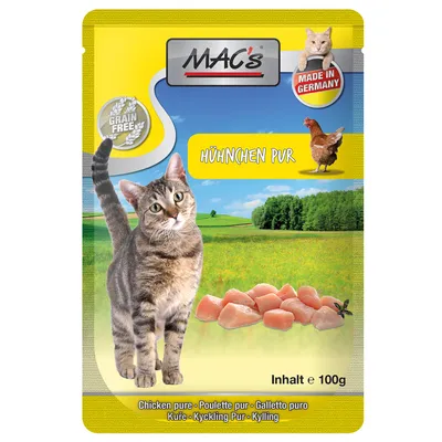 MAC's Huhnchen Pur kattmat, 100 g. Text: Grain Free, Made in Germany, Kyckling Pur. Bild på katt, kycklingbitar och landskap. Synlig höna och gul bakgrund.
