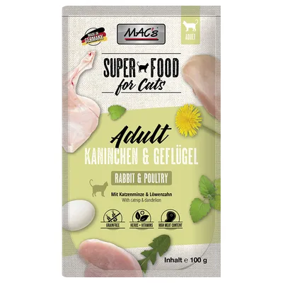 MAC's Superfood for Cats Adult rabbit & poultry, with catnip and dandelion, grain-free, herbs + vitamins, high meat content. Content: 100 g. Made in Germany.