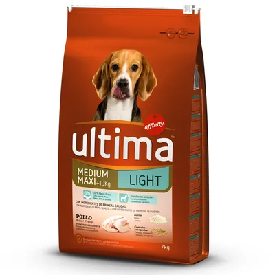 Saco de comida para perros Ultima affinity MEDIUM MAXI +10 kg LIGHT, 7 kg. Pollo y arroz visibles en la parte frontal. Indica 33 % menos grasa y sin colorantes ni conservantes.
