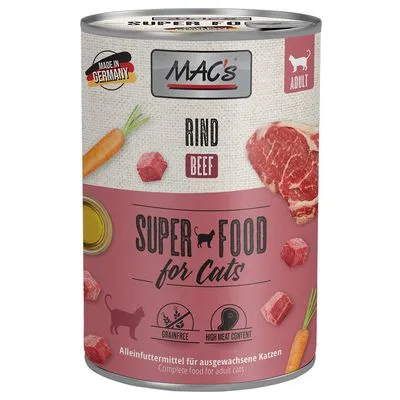 MAC's Super Food for Cats natvoer, rundvlees. Tekst: Made in Germany, Adult, Grainfree, High Meat Content. Afbeeldingen van rundvlees, wortel en kat zichtbaar op verpakking.