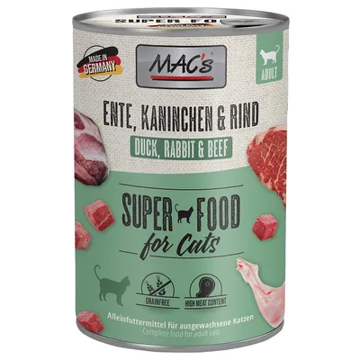 MAC's Super Food for Cats, anatra, coniglio e manzo. Prodotto in Germania, senza cereali, alto contenuto di carne. Alimento completo per gatti adulti.