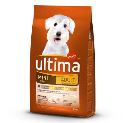 Saco de 7,5 kg de pienso para perros Ultima Affinity Mini Adult 1–10 kg, pollo como primer ingrediente, indicado para 1–8 años. Texto en francés e inglés visible en el envase.