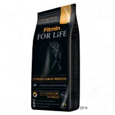 Fitmin For Life Junior Large Breeds kutyatáp csomagolás, látható felirat: 15 kg, 42,5% poultry ingredients, teljes értékű eledel nagytestű kölyökkutyáknak.