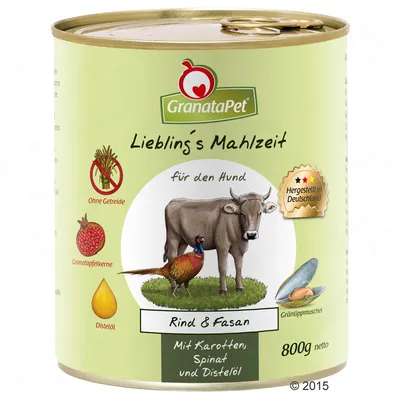 Консерва GranataPet для собак, Rind & Fasan, 800 г. Видны изображения коровы, фазана, морской мидии, граната, масла расторопши. Текст: Ohne Getreide, Hergestellt in Deutschland.