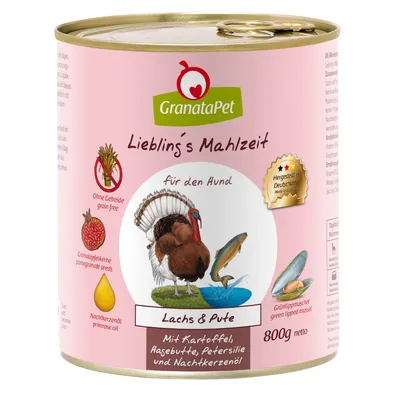 Konzerva GranataPet Liebling's Mahlzeit pro psy, Lachs & Pute, 800 g. Text: Ohne Getreide, Granatapfelkerne, Nachtkerzenöl, Hergestellt in Deutschland, Mit Kartoffel, Hagebutte, Petersilie.