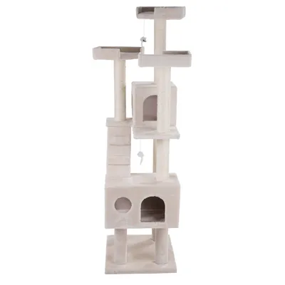Beiger Kratzbaum mit mehreren Ebenen, Höhlen und Sisalstämmen. Enthält Spielzeug an Schnüren für Katzen.