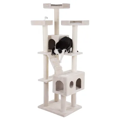 Tiragraffi grande in tessuto chiaro con più piattaforme, casetta, scaletta e un gatto bianco e nero che scende. Topolino gioco appeso su una delle piattaforme superiori.