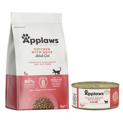 Applaws Chicken with Duck Adult Cat, pienso seco 2 kg y lata húmeda 70 g. Texto visible: min. 80% proteína animal, receta sin cereales, ingredientes naturales con vitaminas y minerales.