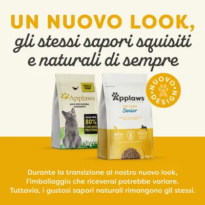 Applaws Senior Cat Chicken, nuovo design dell’imballaggio. 80% chicken protein, 7,5 kg. Durante la transizione il packaging può variare, sapori naturali invariati.
