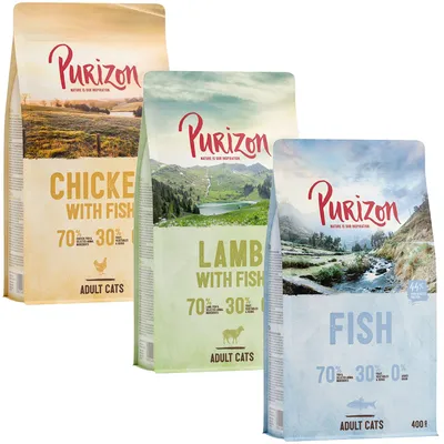 Tre confezioni di Purizon per gatti adulti: Chicken with Fish, Lamb with Fish e Fish. Testo visibile: 70% carne/pesce, 30% frutta/verdura, 0% cereali. Confezione Fish da 400 g.