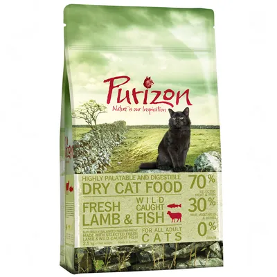 Purizon droog kattenvoer, 2,5 kg. 70% geselecteerd vlees & vis, 30% fruit, groenten & kruiden, 0% granen. Voor volwassen katten. Smaak: vers lam & wilde vis.