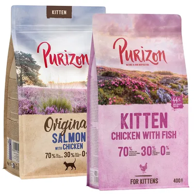 Purizon Kitten Trockenfutter. Sorten: Original Salmon with Chicken und Chicken with Fish. 70% Fleisch, 30% Obst & Kräuter, 0% Getreide. Packungsgrössen: 400g.