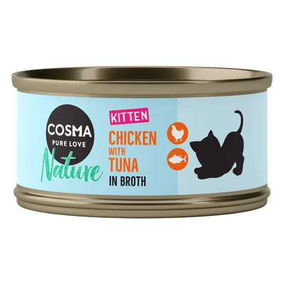Cosma Nature Kitten пилешко с риба тон в бульон, консерва със символи на пиле и риба тон и силует на коте.