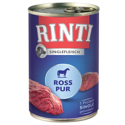 Konzerva Rinti Singlefleisch, vidljiv tekst: ROSS PUR, 1 Protein SINGLE getreidefrei, prikaz komada mesa i siluete konja na plavoj ambalaži.