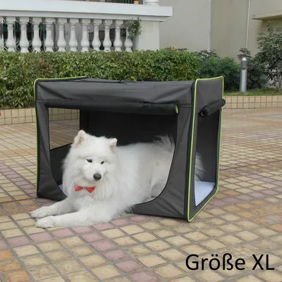 Niche pliante en tissu noir avec bordures vertes, chien blanc allongé à l’intérieur, texte visible : Größe XL.