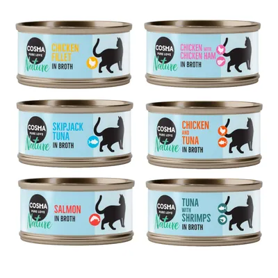 Cosma Nature Katzenfutter in Brühe, Sorten: Chicken Fillet, Chicken with Chicken Ham, Skipjack Tuna, Chicken and Tuna, Salmon, Tuna with Shrimps.