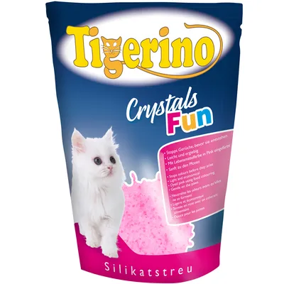 Tigerino Crystals Fun Silikatstreu cat litter packaging with white kitten, pink crystals, and visible product features in English, German and French on front label.