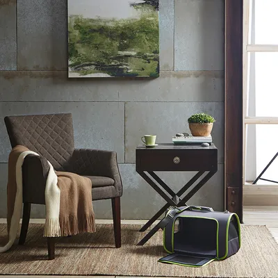 Trasportino per animali in tessuto grigio con bordi verdi, posizionato su tappeto accanto a poltrona marrone e tavolino con tazza verde, pianta e libri.