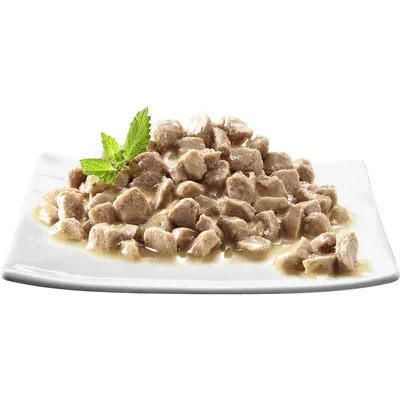 Portie natvoer in saus met stukjes vlees op een wit bord, gegarneerd met een takje verse munt. Geen merknaam of verpakking zichtbaar.