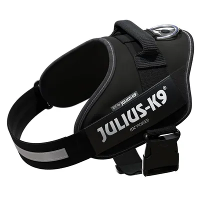 Julius-K9 IDC Power dog harness in black with reflective stripes and sturdy metal ring for leash attachment.