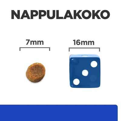 Nappulakoko: koiranruokanappula 7 mm, vertailuna sininen noppa 16 mm. Teksti 'NAPPULAKOKO', mitat 7 mm ja 16 mm näkyvissä kuvan yläosassa.