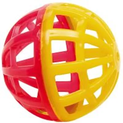 Gitterball aus Kunststoff in Rot und Gelb, mit offenen Streben und zwei Farben gleichmäßig verteilt.