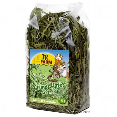 JR Farm Grüner Hafer, Green Oat, 100 g. Verpackung mit grünem Hafer und Tierillustrationen. Webseite: www.jr-farm.de.