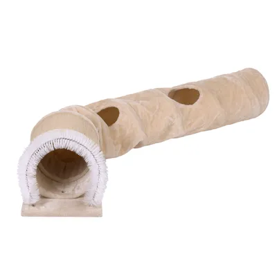 Beige kattentunnel van stof met drie ronde openingen aan de bovenkant en een witte borstelrand bij de ingang.