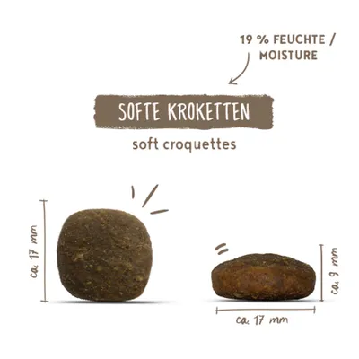 Softe Kroketten mit ca. 17 mm Durchmesser, ca. 9 mm Höhe und 19% Feuchte. Text: soft croquettes.