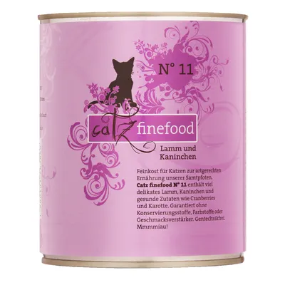 Conservă Catz finefood N° 11, Lamm und Kaninchen. Text în germană pe ambalaj: ingrediente principale miel și iepure, fără conservanți, coloranți sau potențiatori de aromă.