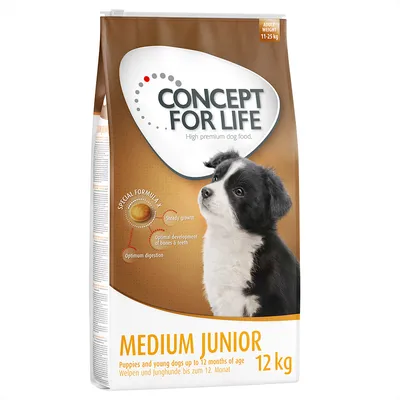 Concept for Life Medium Junior, 12 kg. Pennuille ja nuorille koirille 12 kuukauteen asti. Special Formula X: tasainen kasvu, optimaalinen luiden ja hampaiden kehitys, optimaalinen ruoansulatus.