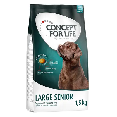Concept for Life Large Senior, koiranruoka yli 6-vuotiaille koirille, 1,5 kg. Special Formula X: ihannepainon ylläpito, edistää elinvoimaa, tukee munuaisten toimintaa.