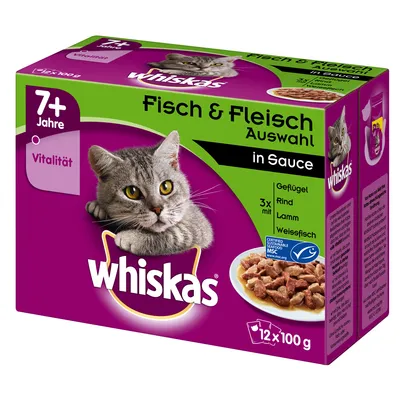 Whiskas 7+ Jahre Vitalität, Fisch & Fleisch Auswahl in Sauce, 12×100 g. Látható ízek: Geflügel, Rind, Lamm, Weissfisch. MSC tanúsítvány jelölve a csomagoláson.