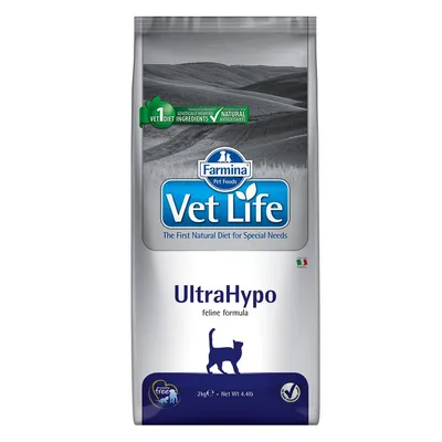Confezione Farmina Vet Life UltraHypo feline formula, 2 kg. Testi visibili: 'The First Natural Diet for Special Needs', '1st Vet Diet', 'Natural Ingredients', 'Natural Antioxidants'.