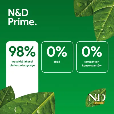 N&D Prime. 98% wysokiej jakości białka zwierzęce, 0% zboż, 0% sztucznych konserwantów. N&D Prime. 98% wysokiej jakości białka zwierzęce, 0% zboż, 0% sztucznych konserwantów.